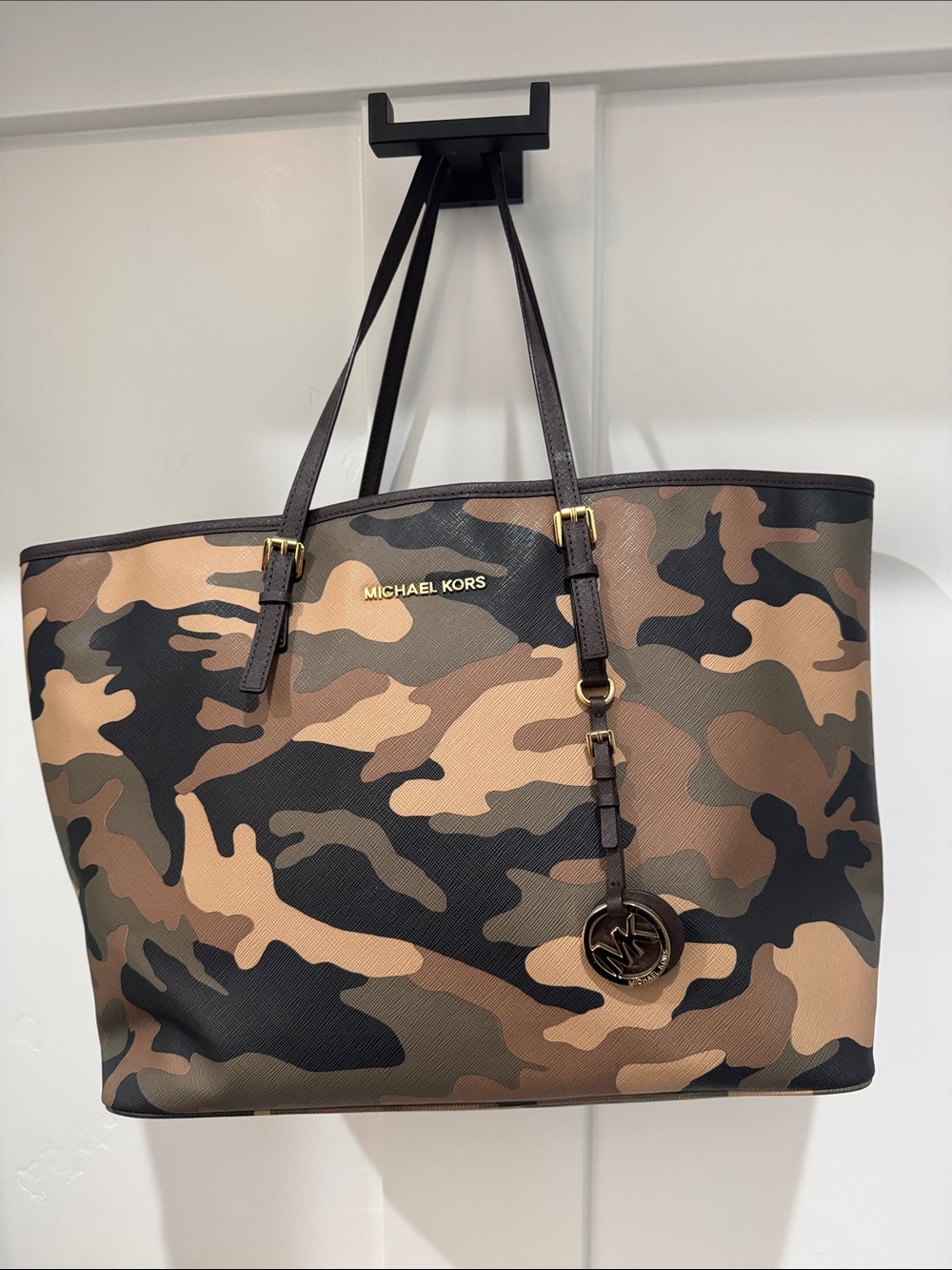 Michael Kors Camouflage Saffiano Tote in Brown, Green and Black